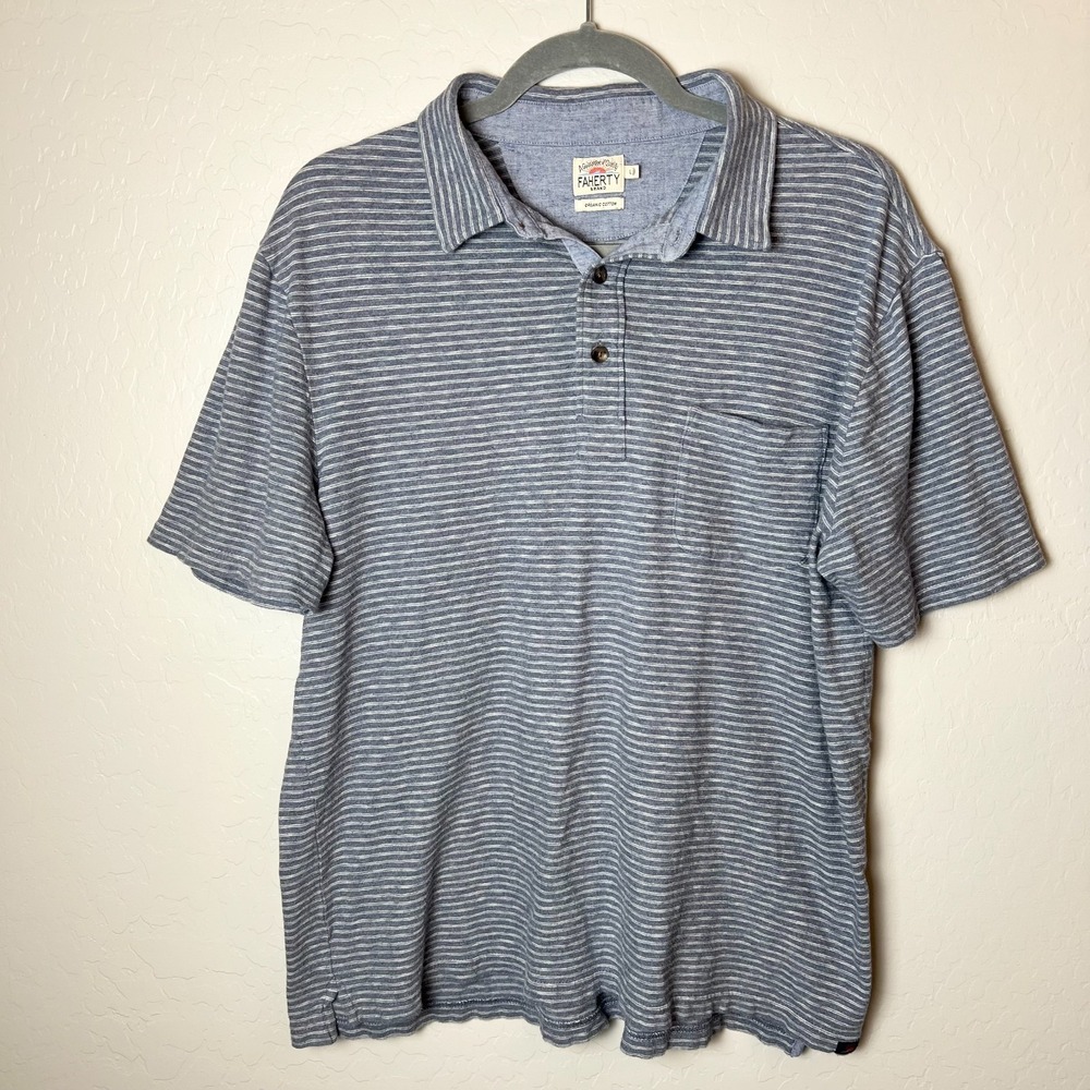 FAHERTY Organic Cotton Blue White Striped Polo Mens Size L Collar Buttons Beachy